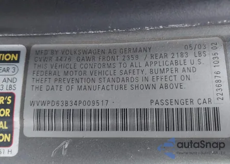 2004 Volkswagen Passat Gls from USA, damaged, VIN WVWPD63B34P009517